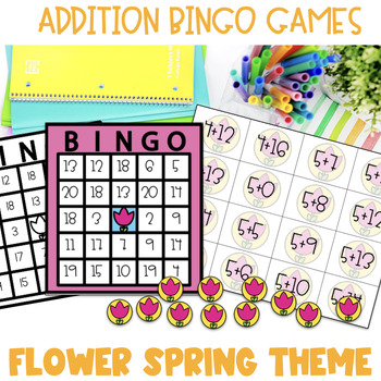 Preview of Bingo:Addition 1-20 Spring Flower Math Game Activity 1st, 2nd, 3rd, 4th Grade