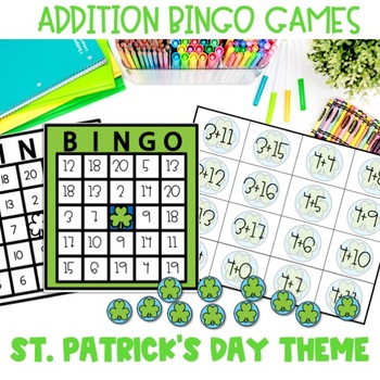 Preview of Bingo:Addition 1-20 St. Patrick's Day Math Game Activity 1st,2nd,3rd4th Grade