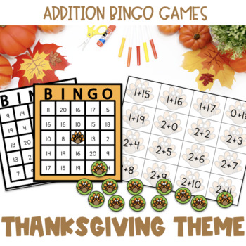 Preview of Bingo: Addition 1-20 Thanksgiving/Fall Math Game Activity 1st,2nd,3rd,4th Grade