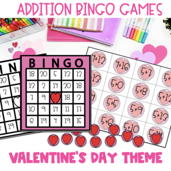 Preview of Addition Bingo 1-20 Valentine’s Day Math Game Activity 1st,2nd, 3rd, 4th Grade