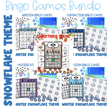 Preview of Bingo: Addition, Subtraction, Multiplication,Division, Party Snowflake Christmas