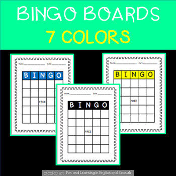 Bingo Boards - Blank - 7 different colors | TPT