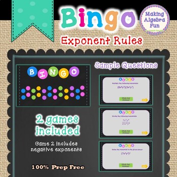 Preview of Bingo Game Algebra Monomials and Laws of Exponents (2 Full Games)