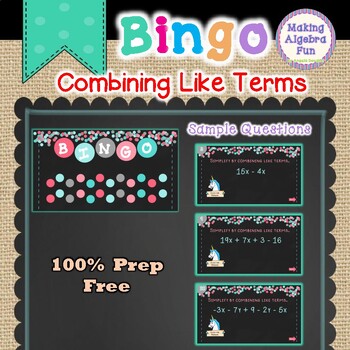 Preview of Bingo Game Algebra Topic Combining Like Terms (2 Full Games)
