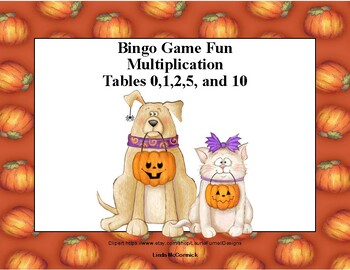 Preview of Bingo Game for Multiplication Tables 0,1,2,5, and 10-Pups and Kitties Halloween