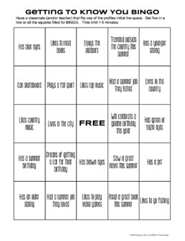 Free Bingo Icebreaker Beginning of Year Includes Blank BINGO Card