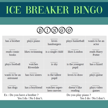 Bingo Icebreaker for beginners EFL / ESL students by Foreign English