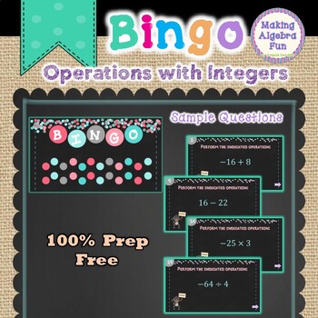 Preview of Bingo Pre-Algebra Math Game Operations with Integers  (3 Full Games)