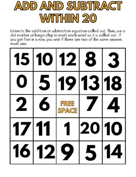 Preview of Bingo (addition and subtraction within 20)