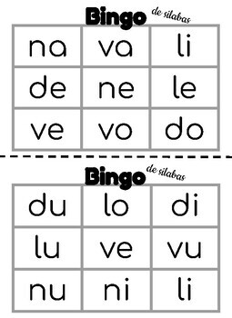 Bingo de Silabas- n, l, v, d by Arlene Duteil | TPT