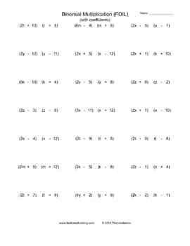 Preview of Binomial Multiplication (FOIL) Practice Worksheet Generator (with Coefficients)