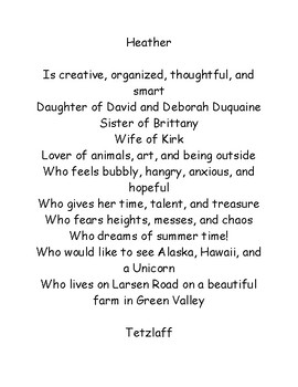 Bio Poem Template with Example by Heather Tetzlaff TpT