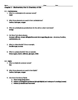 Preview of Biochemistry: Part 2 - Chemistry of Life Worksheet