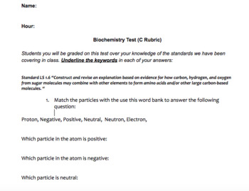 Preview of Biochemistry Unit Standard Based Grading "C" Test