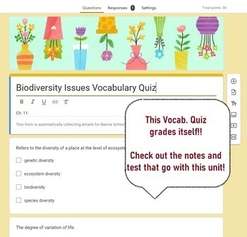 Preview of Biodiversity Issues: Vocab Quiz: Google Form and Blooket Review Game
