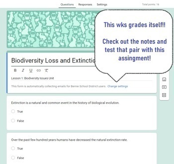 Preview of Biodiversity Loss and Extinction: worksheet: Google Form: Environmental Science