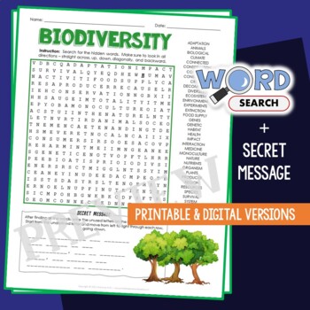 Preview of Biodiversity Word Search Puzzle Vocabulary Activity Review Worksheet Grade 6 Up
