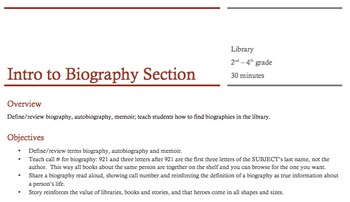 Preview of Biographies, Library Lesson Plan
