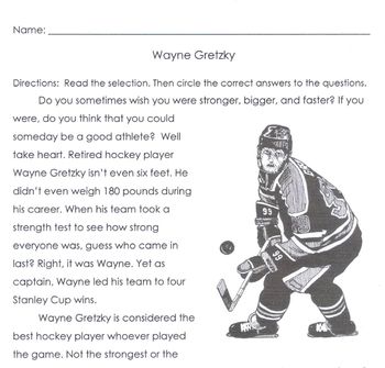 Preview of BIO: Sports Hockey WAYNE GRETZKY, STANLEY CUP 5 Multiple Choice Comprehension
