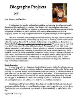 Preview of Biography Bottle Project Notes & Parent Letter