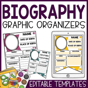 Preview of Biography Graphic Organizer Pennants | Editable Writing Templates | Worksheets