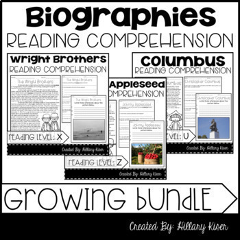Preview of Biography Reading Comprehension Growing Bundle