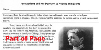 Preview of Biography JANE ADDAMS HELPED IMMIGRANTS Reading Comprehension Lesson 14 Question