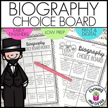 Preview of Biography Menu Choice Board for Enrichment and Early Finishers with TpT Easel