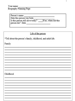 Preview of Biography Planning Page (Grades 2 - 6)