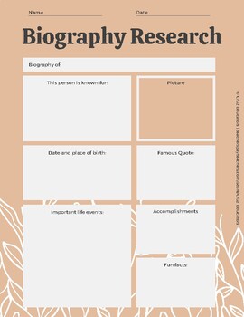 Preview of Biography Research Worksheet / Hoja de Investigación Biográfica PDF Bilingual