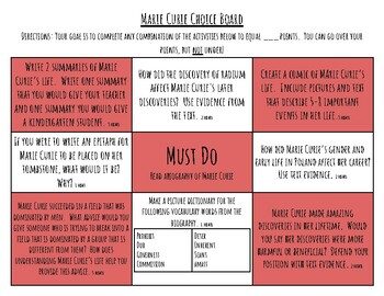 Preview of Biography Series: Differentiated Marie Curie Choice Board