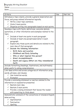 Preview of Biography Student Checklist