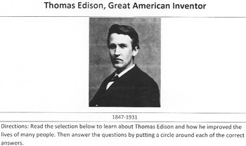 Preview of Biography Thomas Edison, Great Inventor Reading Science w/ 14 Comprehension Ques