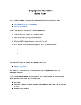 Preview of Biography and Response Webquest Activity: Babe Ruth - Distance Learning