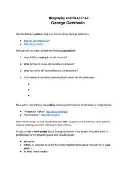 Preview of Biography and Response Webquest Activity: George Gershwin - Distance Learning