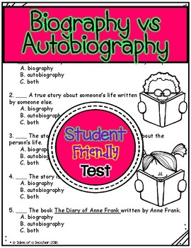 Biography vs Autobiography Test by Tales of a Teacher | TpT