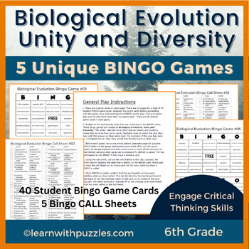 Preview of Biological Evolution Unity Diversity 5 Games 200 Bingo Cards 6th Grade Printable