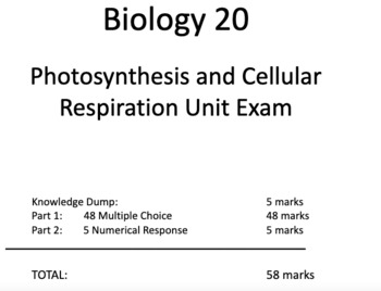 Preview of Biology 20 - Alberta - Unit Test - Photosynthesis and Cellular Respiration