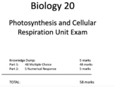 Biology 20 - Alberta - Unit Test - Photosynthesis and Cell