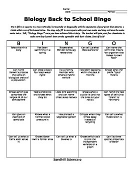 Preview of Biology Back to School Bingo Printable