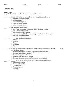 Biology - Circulation Quiz by Ron's Secondary School Store | TPT