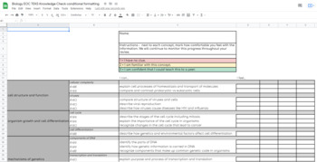 Biology EOC TEKS knowledge check using conditional formatting for review