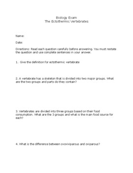 Biology Exam Ectothermic Vertebrate by Amanda Medeiros | TPT