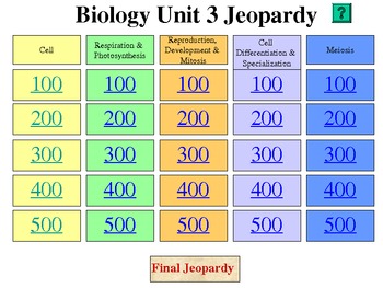 Preview of Biology Jeopardy Review - Cells, Cell Processes, Cell Cycle