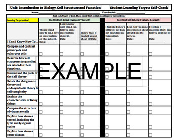 Preview of Biology Learning Targets Student Self-Check Sheet - Cells (Updated TEKS 2024)