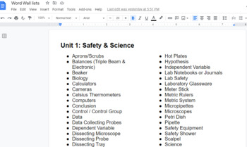 Preview of Biology / Life Science Word Wall Vocabulary by Unit - Full Year