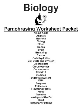 Preview of Biology Paraphrasing Worksheet Packet (61 Topics)