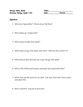 Preview of Biology Video Guide Bozeman Biology Lipids