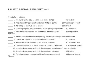 Preview of Biology's Big Ideas -- Biochemistry worksheets