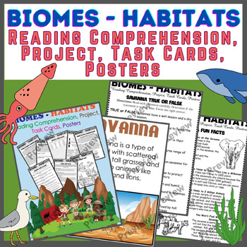 Preview of Biomes - Habitats - Reading Comprehension, Projects, Task Cards, Posters